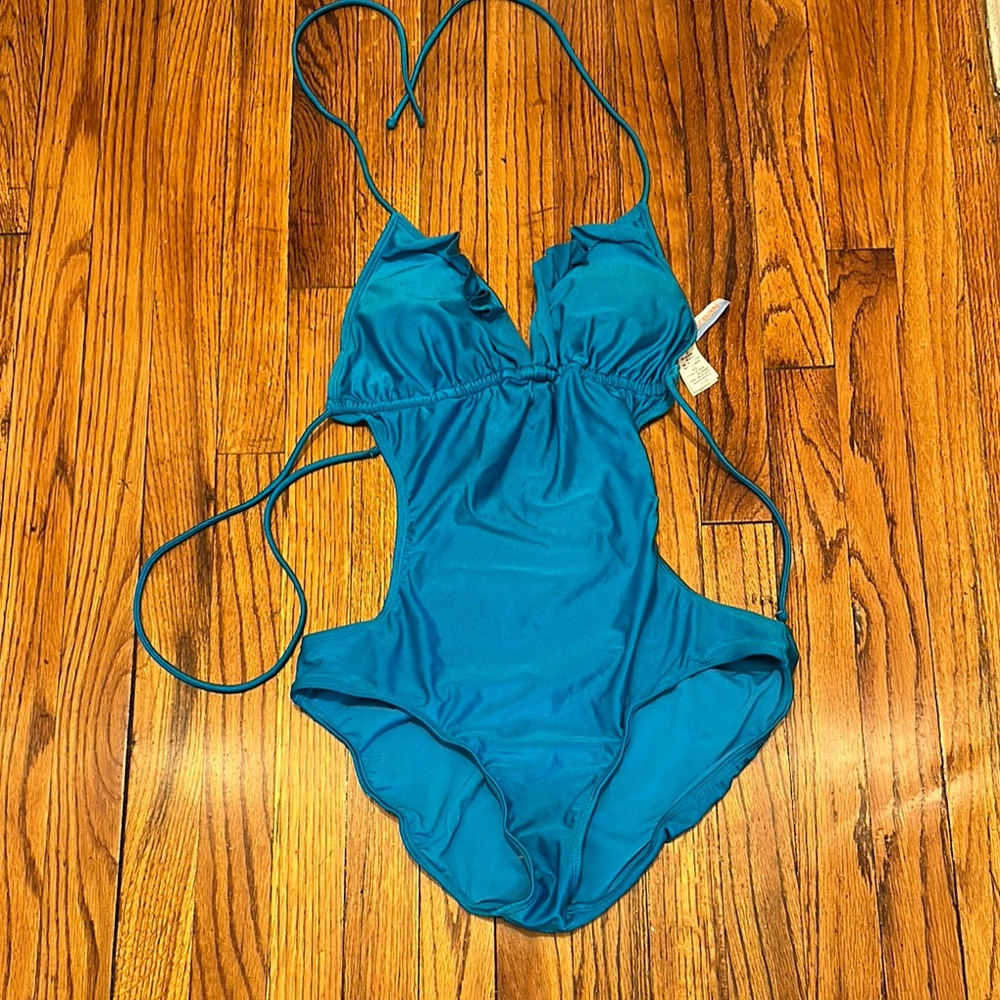 Women's Teal Cutout One-Piece Swimsuit with Halter Ties